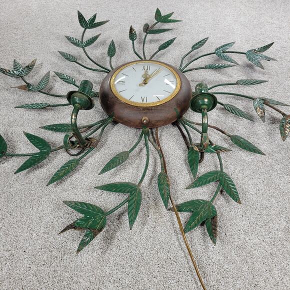Vintage Wall Clock Light 29" Gold Green Brass Mid Century Leaf Vine Metal Tested - Picture 13 of 16